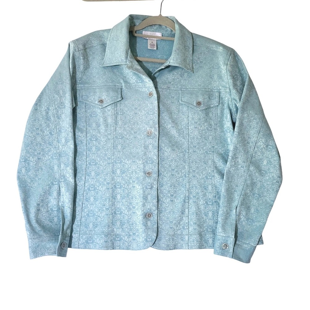 Susan Graver Women's‎ XL Brocade Jacket Light Blue Button Front